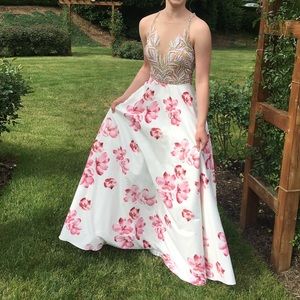 Pink & White Floral A-Line Prom Dress Beaded Long
